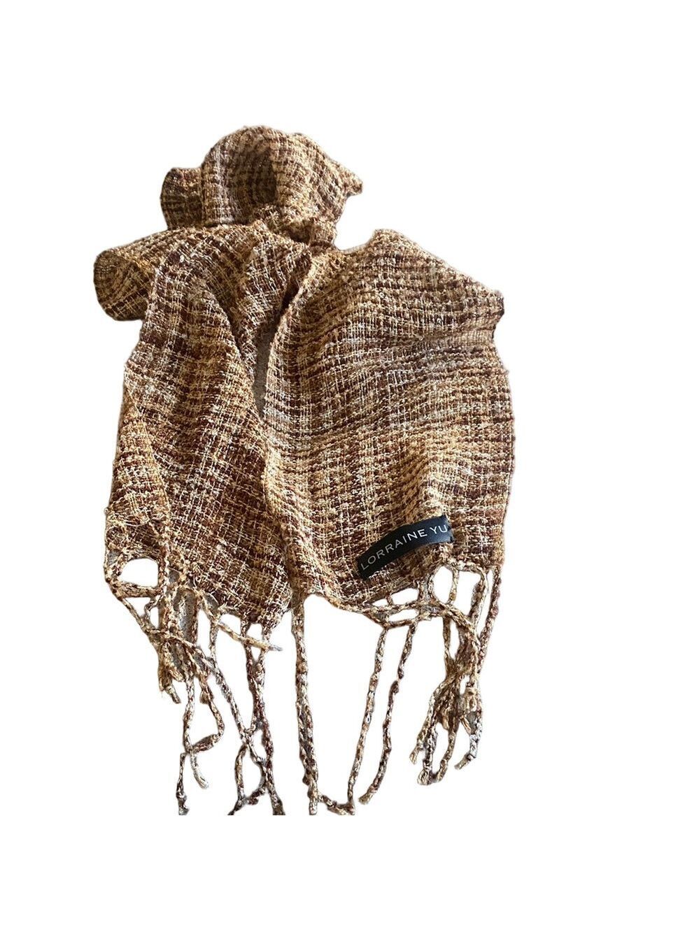 Lorraine Yu Handwoven Scarf Brown Tan Textured Fringe Artisan Cozy